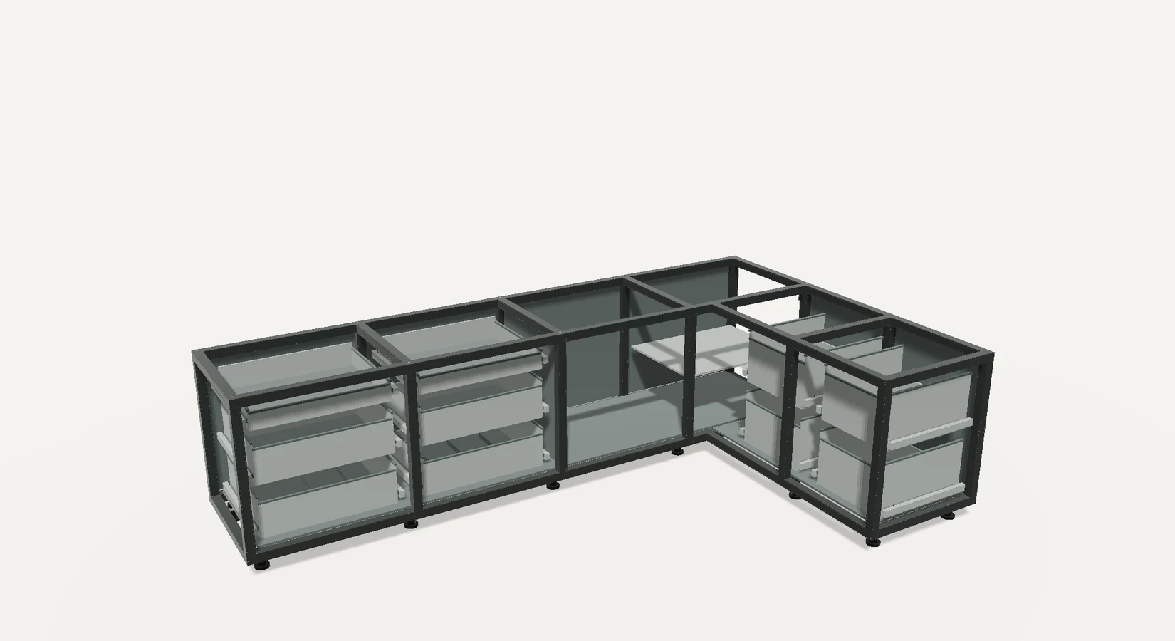 The same kitchen with its internal aluminium framework exposed