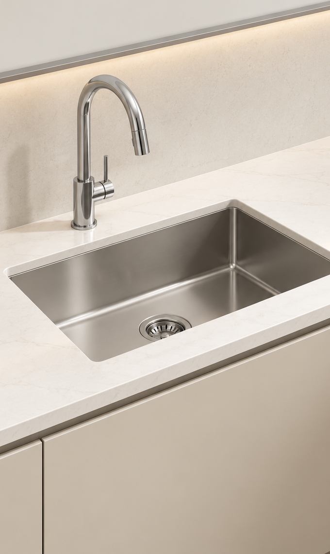 The model’s worktop, sink and cabinet finish